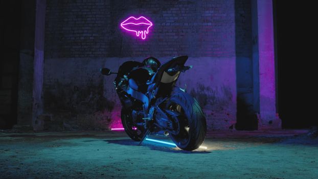 A male biker in a leather jacket sits on a sports bike against a neon pink signboard on a brick wall 4k