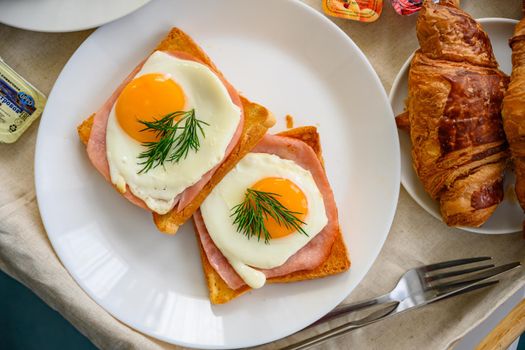 Breakfast, in hotel sunny side up fried eggs set