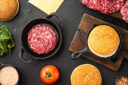 Burger banner. Raw ingredients for burger set, on black stone background, top view flat lay