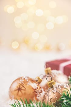 Christmas background and beautiful decor. New Year. Selective focus. Holiday.