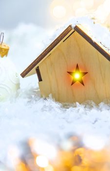 Christmas decor, new year snow house. Selective focus. Holiday.