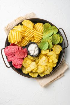 Set potato chips, on white stone table background, top view flat lay