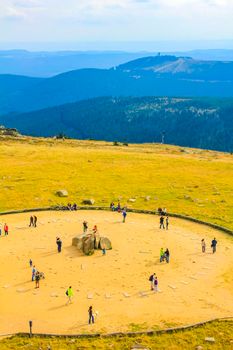 Landscape Panorama view from top of Brocken mountain peak in Harz mountains Wernigerode Saxony-Anhalt Germany