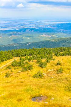 Landscape Panorama view from top of Brocken mountain peak in Harz mountains Wernigerode Saxony-Anhalt Germany