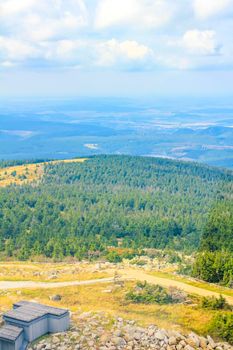 Landscape Panorama view from top of Brocken mountain peak in Harz mountains Wernigerode Saxony-Anhalt Germany