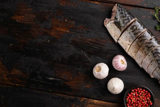 Mediterranean salted mackerel set, on old dark wooden table background, top view flat lay, with copy space for text