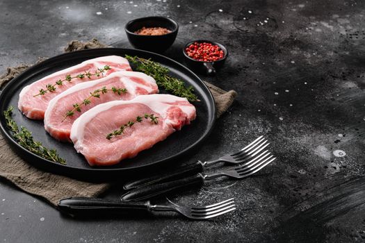 Raw pork steak ready for cooking with herbs set, on black dark stone table background, with copy space for text