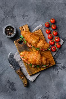 Sandwich with salted salmon set, on gray stone table background, top view flat lay