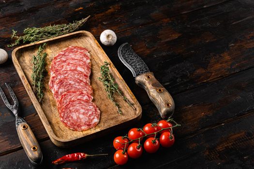 Salami smoked sausage set, on old dark wooden table background, with copy space for text