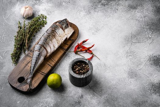 Delicious Braised Mackerel set, on gray stone table background, with copy space for text