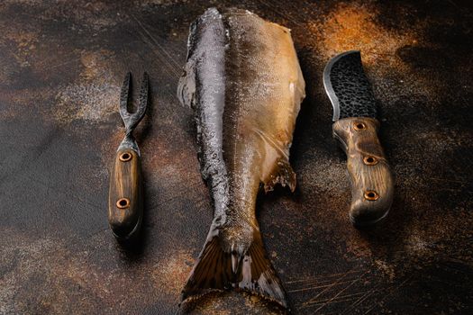 Cold smoked fish trout or salmon set, on old dark rustic table background