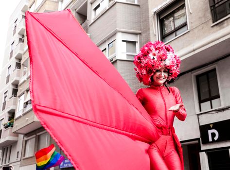 Santa Pola, Alicante, Spain- July 2, 2022: Colorful performance at the Gay Pride Parade in Santa Pola town, Alicante, Spain