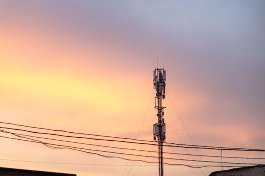 Cell Tower Silhouette Against Orange Sunset Communication Tower Technology Concept Handheld Transmitter Equipment Fort Television Cell Phones Internet Signal