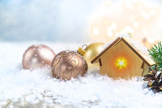 Christmas decor, new year snow house. Selective focus. Holiday.