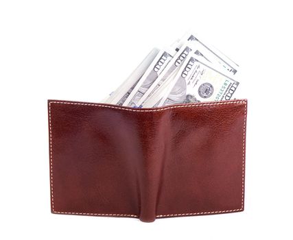 brown leather wallet with money isolated on white