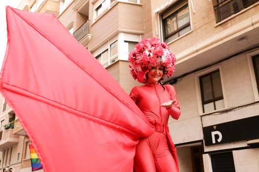 Santa Pola, Alicante, Spain- July 2, 2022: Colorful performance at the Gay Pride Parade in Santa Pola town, Alicante, Spain