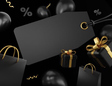 Black friday sale banner concept design of blank tag label gift box shopping bag and balloon 3D render