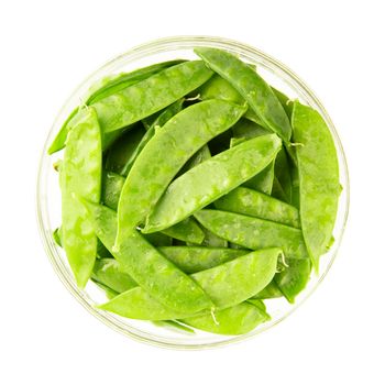 Fresh edame beans in pods in bowl from above