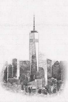 New York City skyline, a hand drawn style pencil sketch