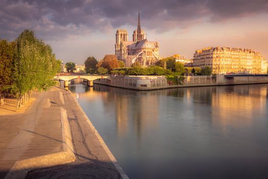 Notre Dame Cathedral at sunrise Paris, France