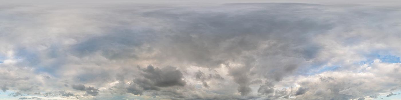 Sky panorama with Cirrus clouds in Seamless spherical equirectangular format. Full zenith for use in 3D graphics, game and editing aerial drone 360 degree panoramas for sky replacement