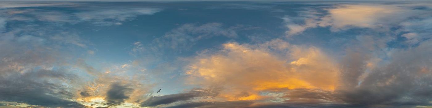 Dark blue sunset sky panorama with pink Cumulus clouds. Seamless hdr 360 pano in spherical equirectangular format. Full zenith for 3D visualization, game, sky replacement for aerial drone panoramas