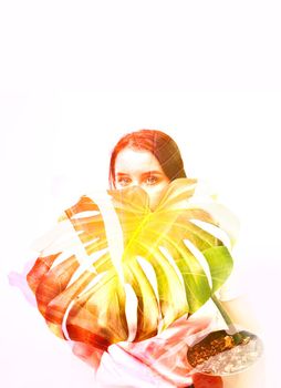 Vivid colored abstraction with girl and exotic monstera plant.