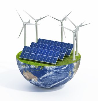 Solar panels, and wind turbines on green grass. 3D illustration.