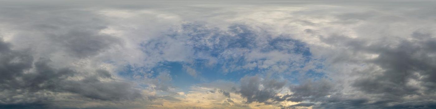 Sky panorama with Cirrus clouds in Seamless spherical equirectangular format. Full zenith for use in 3D graphics, game and editing aerial drone 360 degree panoramas for sky replacement