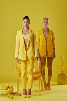 Shot of two women dressed in stylish yellow clothes against a yellow background.