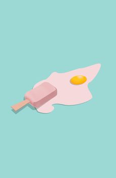 Ice cream with fried egg on blue background. Minimal concept. Pop art. Pattern