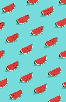 Seamless pattern of watermelon slices with seeds on the blue background. Simple mosaic illustration.