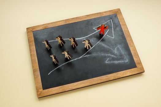 Arrows on the blackboard and figures. Leadership in choice and change.