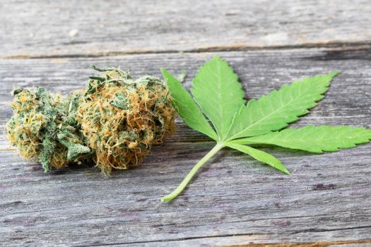 Cannabis bud and cannabis leaf on wooden surface.