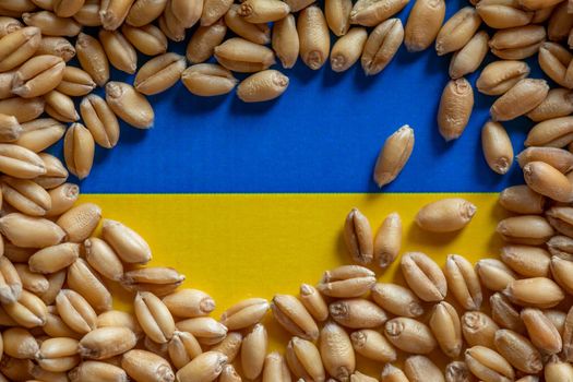 Wheat grain on Ukraine flag. Concept of grain floating export problems