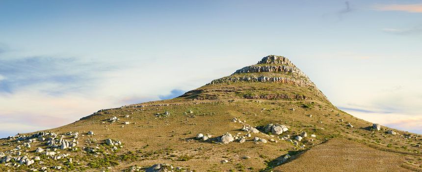 Panorama and landscape view of mountain in Cape Town, South Africa during summer holiday and vacation. Travelling and exploring mother nature through hiking adventures in summer.