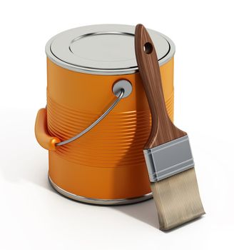 Paint can and paint brush isolated on white background. 3D illustration.