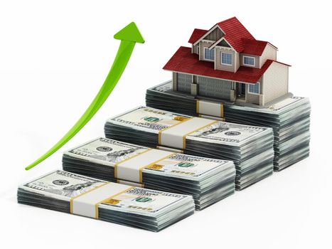 Luxury house standing on top of dollar bills. Rising house prices concept. 3D illustration.