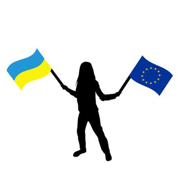 Ukraine and European Union concept with girl holding the Ukraine and European Union flags