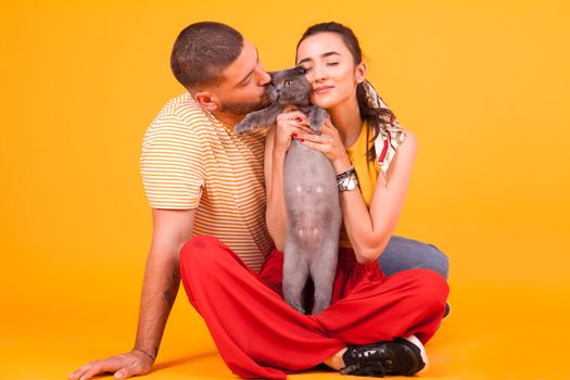 Beautiful young couple sitting down on studio and loving their adorable cat. Couple enjoying time with their cat.