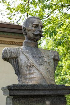 Bust sculpture of Peter I of Serbia, King Peter I Karadjordjevic, first king of the Serbs, Croats and Slovenes, first Yugoslav king Oplenac, Serbia stock photo