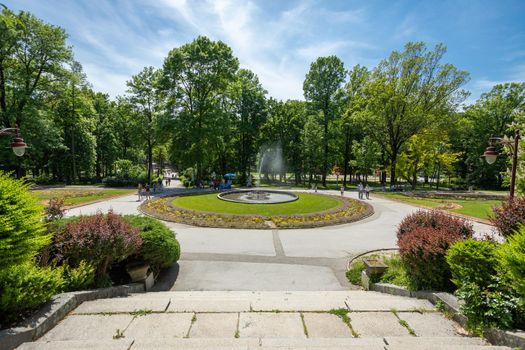 Arandjelovac, Serbia - May 10, 2020:  Public fountain in Bukovička spa park
