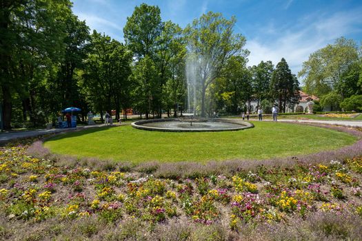 Arandjelovac, Serbia - May 10, 2020:  Public fountain in Bukovička spa park