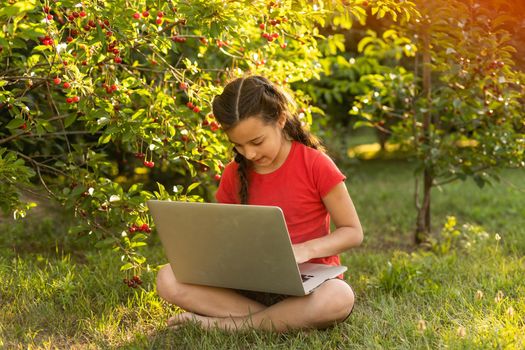 Beautiful young lady is chatting with friends outdoors as it is very useful to be in nature. Laptop is the best friend for a child nowadays. Green and vast meadow.