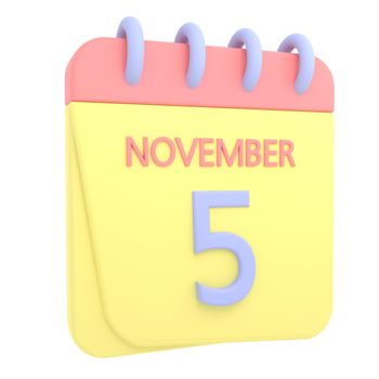 5th November 3D calendar icon. Web style. High resolution image. White background