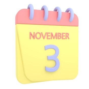 3rd November 3D calendar icon. Web style. High resolution image. White background