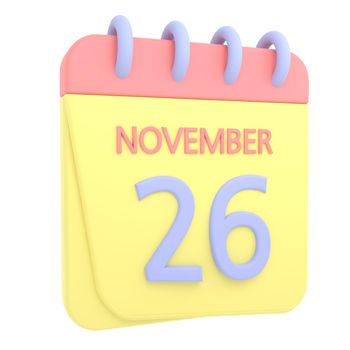 26th November 3D calendar icon. Web style. High resolution image. White background