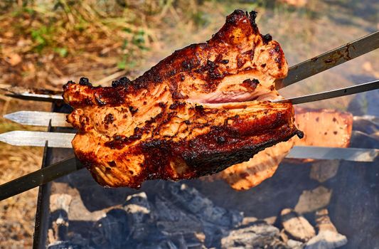 A meal or gathering at which meat, fish, or other food is cooked out of doors on a rack over an open fire or on a portable grill.Appetizing tasty fried pieces of meat cooked on the grill.