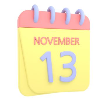 13th November 3D calendar icon. Web style. High resolution image. White background