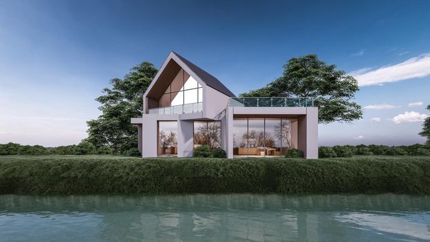 3D rendering illustration of modern house with waterfront view